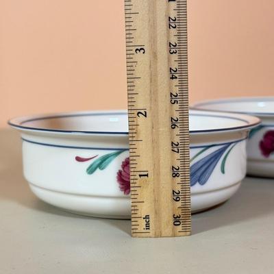 LOT 64K: Lenox Chinastone “Poppies on Blue” Plates (7), 2 sizes of Bowls (2 each) & Glass Mixing Bowls (2)