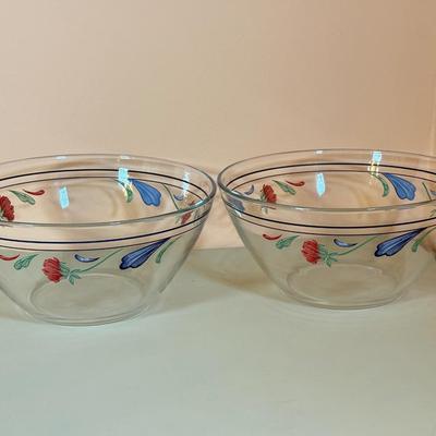 LOT 64K: Lenox Chinastone “Poppies on Blue” Plates (7), 2 sizes of Bowls (2 each) & Glass Mixing Bowls (2)