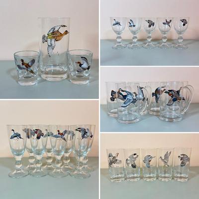 LOT 65K: 37 Pieces of Hand Painted Glassware featuring Waterfowl Birds