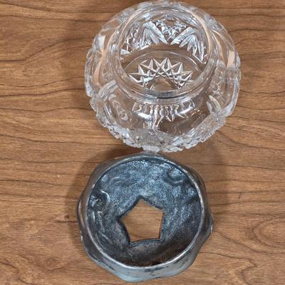 LOT 81D: Vintage Vanity Set, A Beautifully Etched Apothecary Jar w/Lid, Ornate Cut Glass Victorian Style Hair Receiver w/Silver Plated...