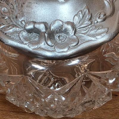 LOT 81D: Vintage Vanity Set, A Beautifully Etched Apothecary Jar w/Lid, Ornate Cut Glass Victorian Style Hair Receiver w/Silver Plated...