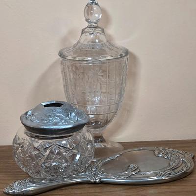 LOT 81D: Vintage Vanity Set, A Beautifully Etched Apothecary Jar w/Lid, Ornate Cut Glass Victorian Style Hair Receiver w/Silver Plated...