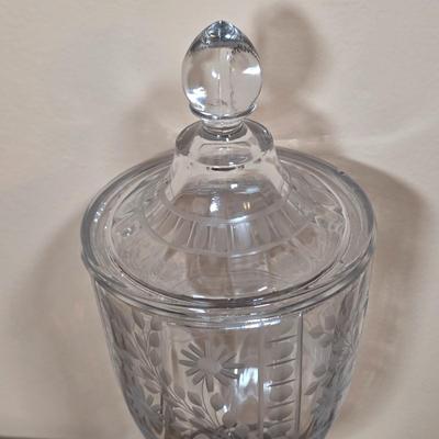 LOT 81D: Vintage Vanity Set, A Beautifully Etched Apothecary Jar w/Lid, Ornate Cut Glass Victorian Style Hair Receiver w/Silver Plated...