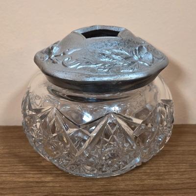 LOT 81D: Vintage Vanity Set, A Beautifully Etched Apothecary Jar w/Lid, Ornate Cut Glass Victorian Style Hair Receiver w/Silver Plated...