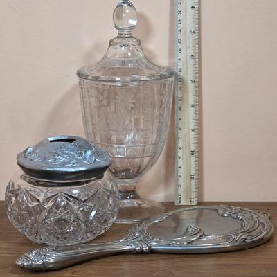 LOT 81D: Vintage Vanity Set, A Beautifully Etched Apothecary Jar w/Lid, Ornate Cut Glass Victorian Style Hair Receiver w/Silver Plated...