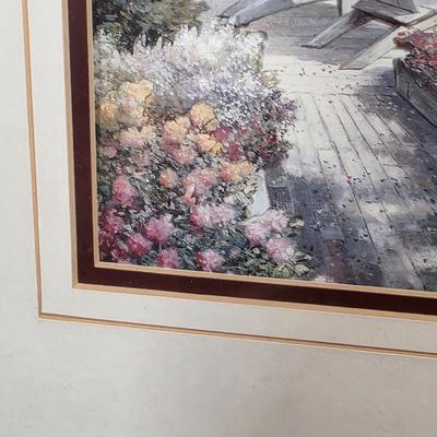 LOT 82D: Framed Art Print, Path w/Flowers, Chairs to Beach, 3D Effect & 4 Vintage Clipper Ship Etched Port Wine/Brandy Glasses