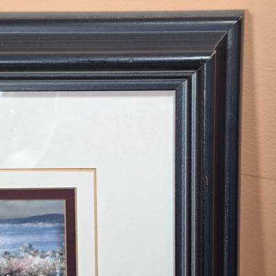 LOT 82D: Framed Art Print, Path w/Flowers, Chairs to Beach, 3D Effect & 4 Vintage Clipper Ship Etched Port Wine/Brandy Glasses