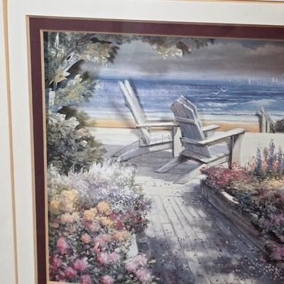 LOT 82D: Framed Art Print, Path w/Flowers, Chairs to Beach, 3D Effect & 4 Vintage Clipper Ship Etched Port Wine/Brandy Glasses