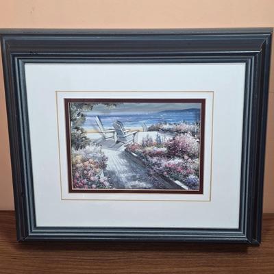 LOT 82D: Framed Art Print, Path w/Flowers, Chairs to Beach, 3D Effect & 4 Vintage Clipper Ship Etched Port Wine/Brandy Glasses