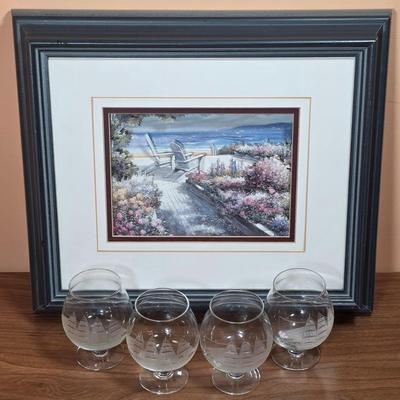 LOT 82D: Framed Art Print, Path w/Flowers, Chairs to Beach, 3D Effect & 4 Vintage Clipper Ship Etched Port Wine/Brandy Glasses