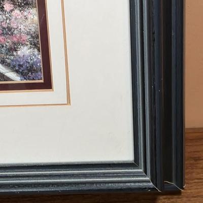 LOT 82D: Framed Art Print, Path w/Flowers, Chairs to Beach, 3D Effect & 4 Vintage Clipper Ship Etched Port Wine/Brandy Glasses
