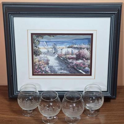 LOT 82D: Framed Art Print, Path w/Flowers, Chairs to Beach, 3D Effect & 4 Vintage Clipper Ship Etched Port Wine/Brandy Glasses