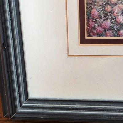 LOT 82D: Framed Art Print, Path w/Flowers, Chairs to Beach, 3D Effect & 4 Vintage Clipper Ship Etched Port Wine/Brandy Glasses