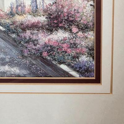 LOT 82D: Framed Art Print, Path w/Flowers, Chairs to Beach, 3D Effect & 4 Vintage Clipper Ship Etched Port Wine/Brandy Glasses