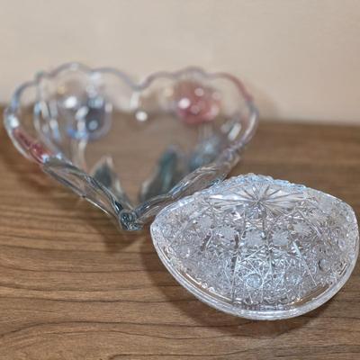 LOT 83D: 2 Vintage Depression Glass Plates, 2 Small Lenox Kate Spade Plates, Vintage Brilliant Cut Crystal Heart Clam Shell Dish, & More