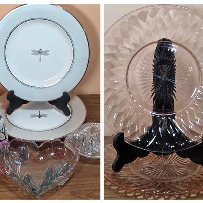 LOT 83D: 2 Vintage Depression Glass Plates, 2 Small Lenox Kate Spade Plates, Vintage Brilliant Cut Crystal Heart Clam Shell Dish, & More