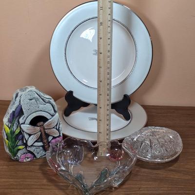 LOT 83D: 2 Vintage Depression Glass Plates, 2 Small Lenox Kate Spade Plates, Vintage Brilliant Cut Crystal Heart Clam Shell Dish, & More