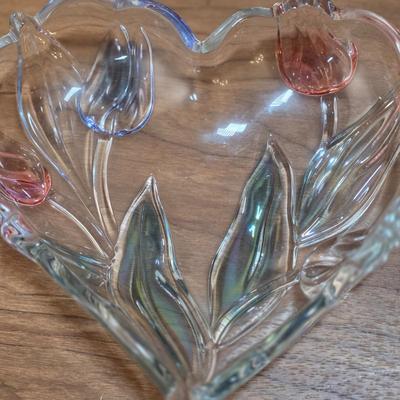 LOT 83D: 2 Vintage Depression Glass Plates, 2 Small Lenox Kate Spade Plates, Vintage Brilliant Cut Crystal Heart Clam Shell Dish, & More