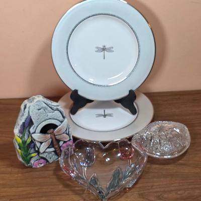 LOT 83D: 2 Vintage Depression Glass Plates, 2 Small Lenox Kate Spade Plates, Vintage Brilliant Cut Crystal Heart Clam Shell Dish, & More
