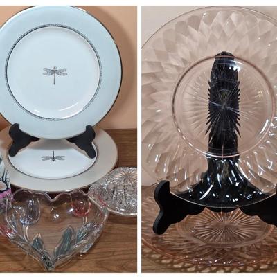 LOT 83D: 2 Vintage Depression Glass Plates, 2 Small Lenox Kate Spade Plates, Vintage Brilliant Cut Crystal Heart Clam Shell Dish, & More