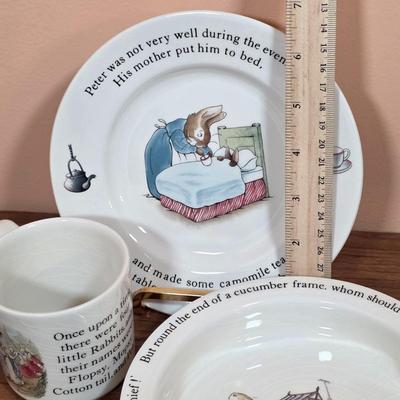 LOT 84D: Vintage Peter Rabbit Nursery Set by Wedgewood Mug, Plate & Porringer, Plate Stand Not Included