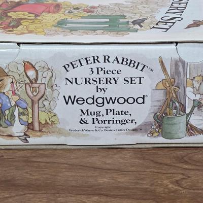 LOT 84D: Vintage Peter Rabbit Nursery Set by Wedgewood Mug, Plate & Porringer, Plate Stand Not Included