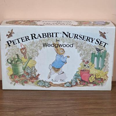 LOT 84D: Vintage Peter Rabbit Nursery Set by Wedgewood Mug, Plate & Porringer, Plate Stand Not Included