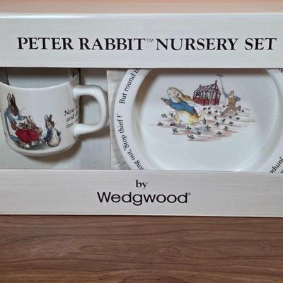LOT 84D: Vintage Peter Rabbit Nursery Set by Wedgewood Mug, Plate & Porringer, Plate Stand Not Included