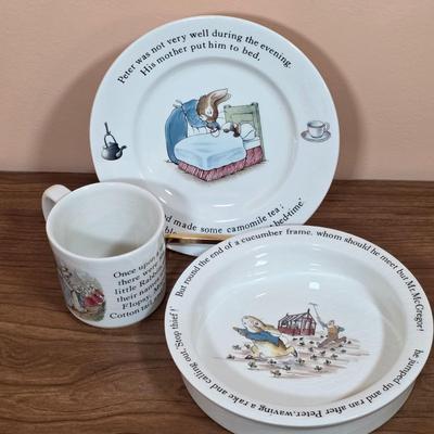 LOT 84D: Vintage Peter Rabbit Nursery Set by Wedgewood Mug, Plate & Porringer, Plate Stand Not Included