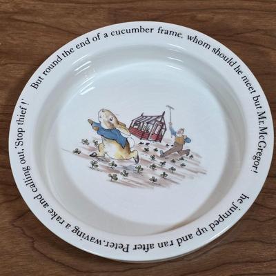 LOT 84D: Vintage Peter Rabbit Nursery Set by Wedgewood Mug, Plate & Porringer, Plate Stand Not Included