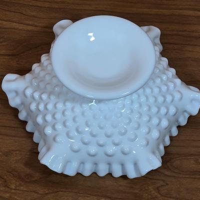 LOT 85D: Vintage Fenton Hobnail Pattern Milk Glass Crimped Footed Bowl, Along With Lenox Trinket Boxes, 2 Heart Shaped & 1 Square