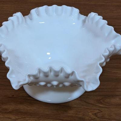 LOT 85D: Vintage Fenton Hobnail Pattern Milk Glass Crimped Footed Bowl, Along With Lenox Trinket Boxes, 2 Heart Shaped & 1 Square