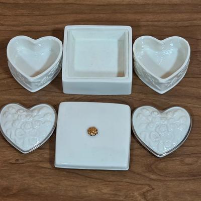 LOT 85D: Vintage Fenton Hobnail Pattern Milk Glass Crimped Footed Bowl, Along With Lenox Trinket Boxes, 2 Heart Shaped & 1 Square