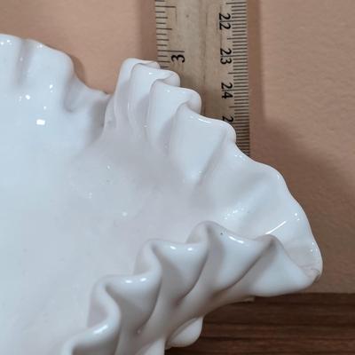 LOT 85D: Vintage Fenton Hobnail Pattern Milk Glass Crimped Footed Bowl, Along With Lenox Trinket Boxes, 2 Heart Shaped & 1 Square