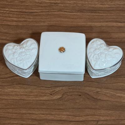 LOT 85D: Vintage Fenton Hobnail Pattern Milk Glass Crimped Footed Bowl, Along With Lenox Trinket Boxes, 2 Heart Shaped & 1 Square
