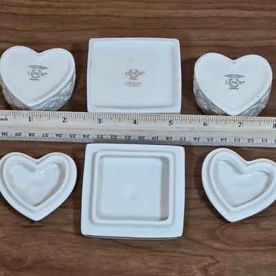 LOT 85D: Vintage Fenton Hobnail Pattern Milk Glass Crimped Footed Bowl, Along With Lenox Trinket Boxes, 2 Heart Shaped & 1 Square