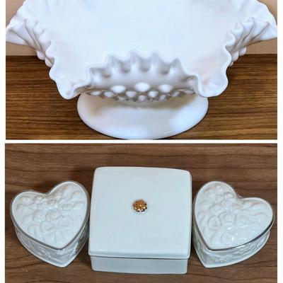LOT 85D: Vintage Fenton Hobnail Pattern Milk Glass Crimped Footed Bowl, Along With Lenox Trinket Boxes, 2 Heart Shaped & 1 Square