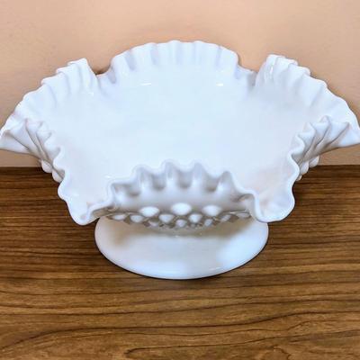 LOT 85D: Vintage Fenton Hobnail Pattern Milk Glass Crimped Footed Bowl, Along With Lenox Trinket Boxes, 2 Heart Shaped & 1 Square