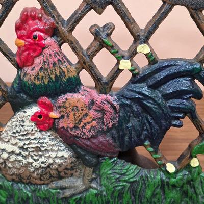 LOT 91D: Collection Of Vintage Baking/Cooking Accessories. Vintage Cast Iron Rooster Cookbook Stand, Large Yellow Ware Mixing Pottery...