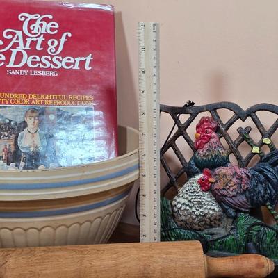 LOT 91D: Collection Of Vintage Baking/Cooking Accessories. Vintage Cast Iron Rooster Cookbook Stand, Large Yellow Ware Mixing Pottery...