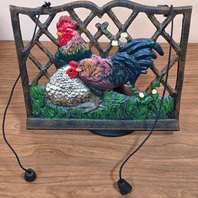 LOT 91D: Collection Of Vintage Baking/Cooking Accessories. Vintage Cast Iron Rooster Cookbook Stand, Large Yellow Ware Mixing Pottery...