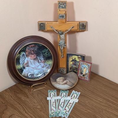 LOT 94F: Collection Of Vintage Religious Items, Includes Beautiful Sold Wood Crucifix, Bradford Exchange "An Angel's...