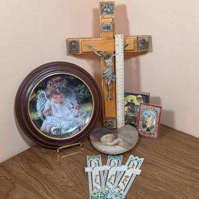 LOT 94F: Collection Of Vintage Religious Items, Includes Beautiful Sold Wood Crucifix, Bradford Exchange "An Angel's...