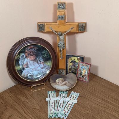 LOT 94F: Collection Of Vintage Religious Items, Includes Beautiful Sold Wood Crucifix, Bradford Exchange "An Angel's...