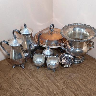 LOT 96D: Vintage Silver-Plated Pieces, Includes 2 Large Tea/Coffee Pots, Creamer, 2 Sugar Bowls, Champagne/Wine Ice Bucket, Footed...