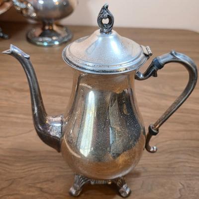 LOT 96D: Vintage Silver-Plated Pieces, Includes 2 Large Tea/Coffee Pots, Creamer, 2 Sugar Bowls, Champagne/Wine Ice Bucket, Footed...