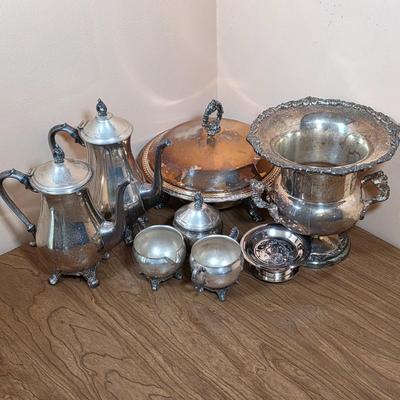 LOT 96D: Vintage Silver-Plated Pieces, Includes 2 Large Tea/Coffee Pots, Creamer, 2 Sugar Bowls, Champagne/Wine Ice Bucket, Footed...