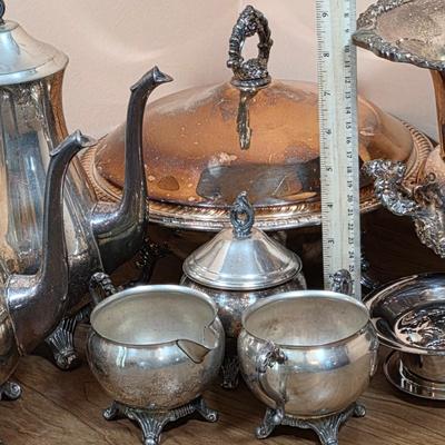 LOT 96D: Vintage Silver-Plated Pieces, Includes 2 Large Tea/Coffee Pots, Creamer, 2 Sugar Bowls, Champagne/Wine Ice Bucket, Footed...