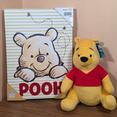 LOT 99F: Disney's Winnie The Pooh Plush Stuffed Animal Winnie The Pooh Bear & Tufted Wall Art
