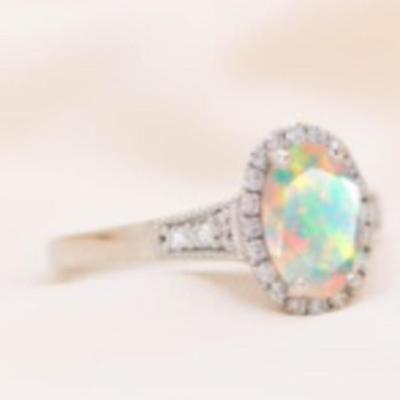 Vintage Faceted Opal 925 White Gold Ring